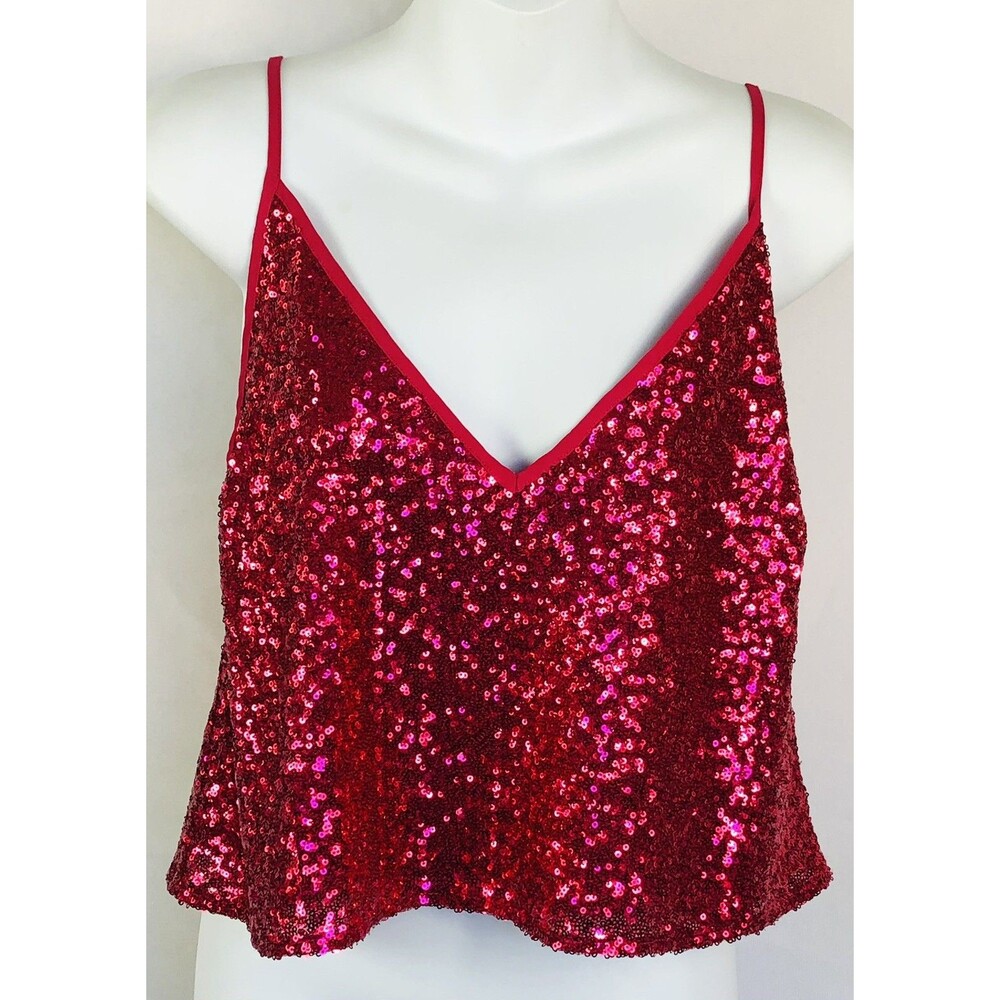 Express Strappy Cropped Cami Top S Red Sequins Camisole Fairy Glam Disco Club